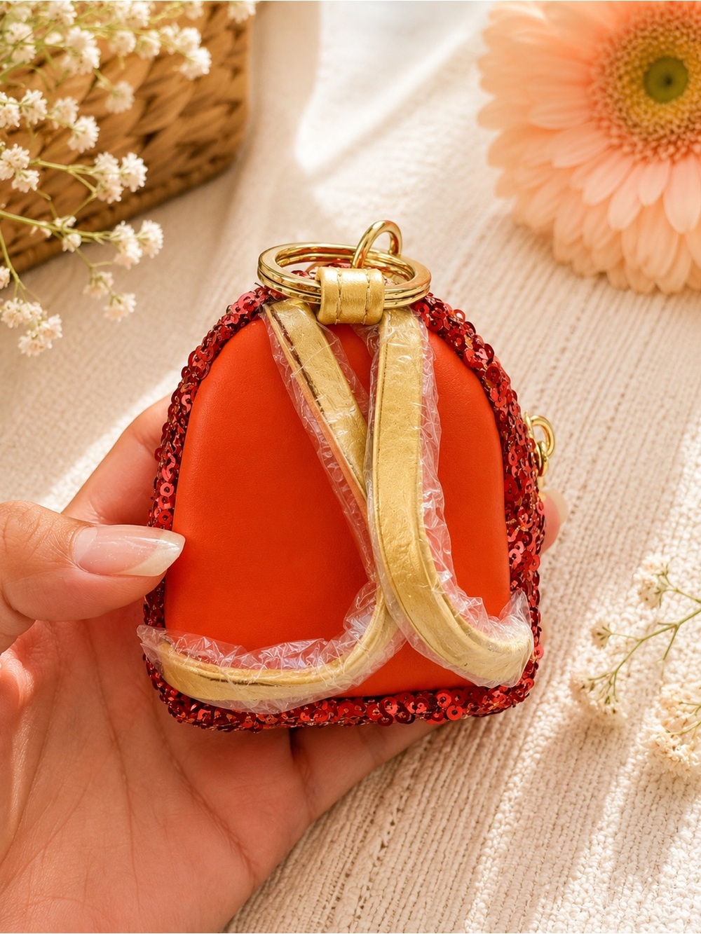 Loungefly Red Sequin Mini Backpack Keychain with Cream & Yellow Floral Panel - Picture 2 of 4